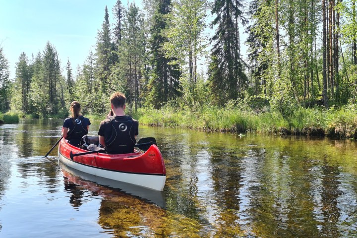 Two people canoeing on a narrow river surrounded by trees.