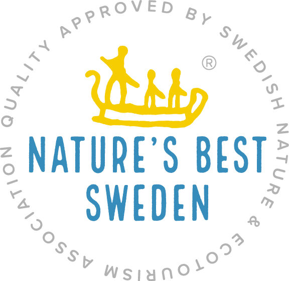 Circular logo with yellow figures in a boat, text: Nature's Best Sweden.